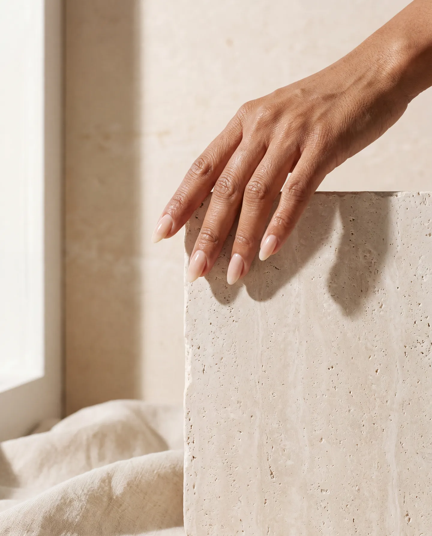 A hand with glossy, sheer nude almond nails resting on a travertine block in soft window light